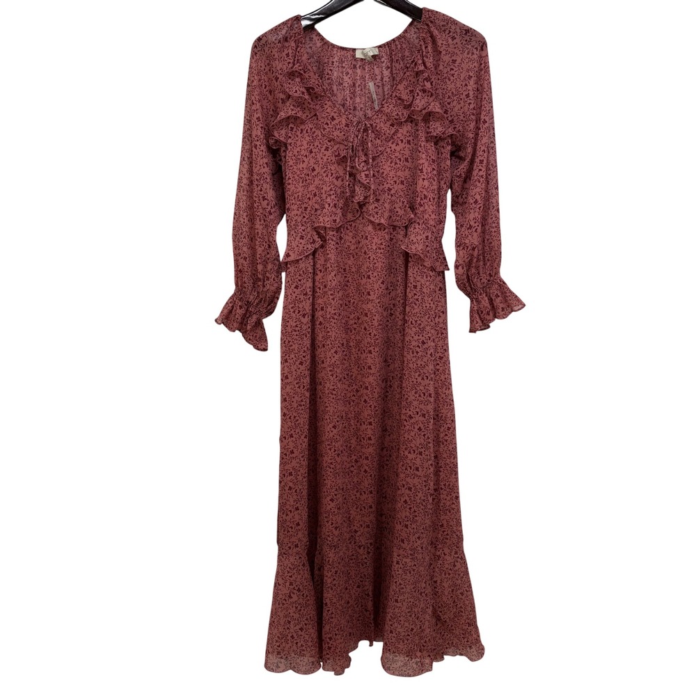 LOFT Womens Pink Floral Ruffle V-Neck Tiered Midi Dress M Prairie Cottage Modest